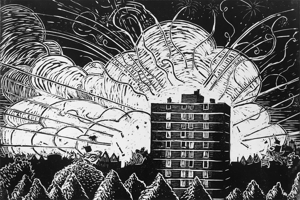 Craig Mains, Enschede Fireworks Factory Explostion, woodcut