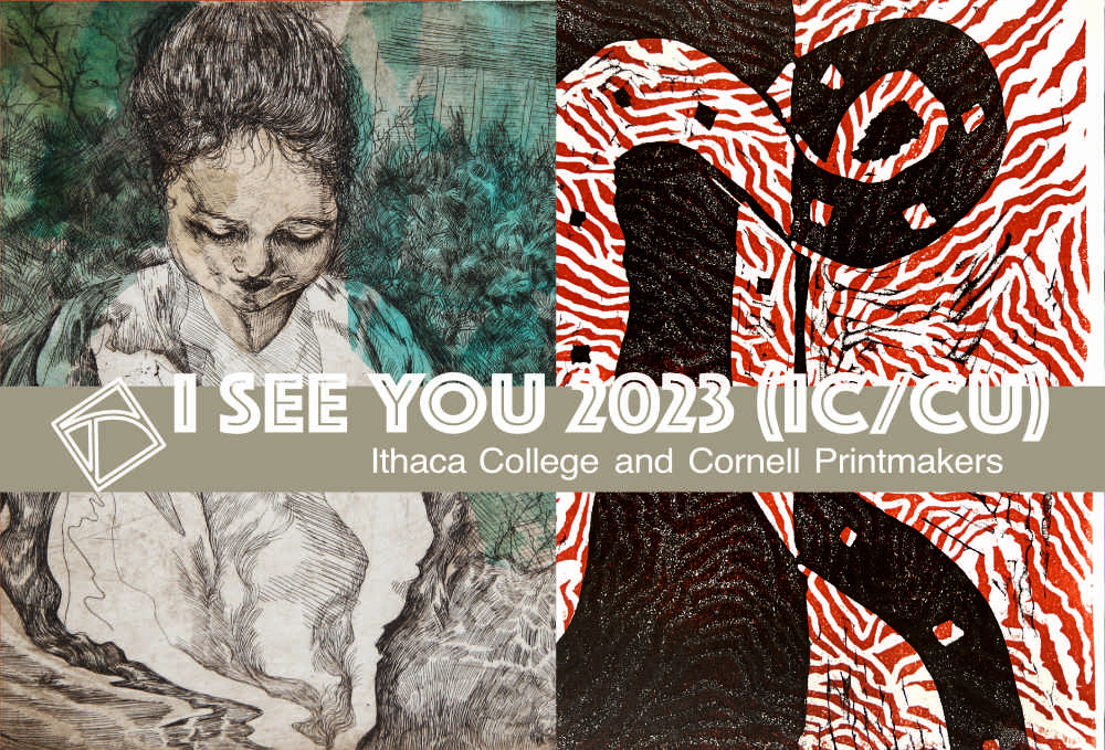 Savannah Flores,Bella, intaglio with chine collé (Cornell); Caleb Kaufman, untitled, woodcut (Ithaca College)
