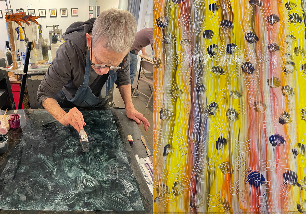 Readying the plate for a paste paper print.