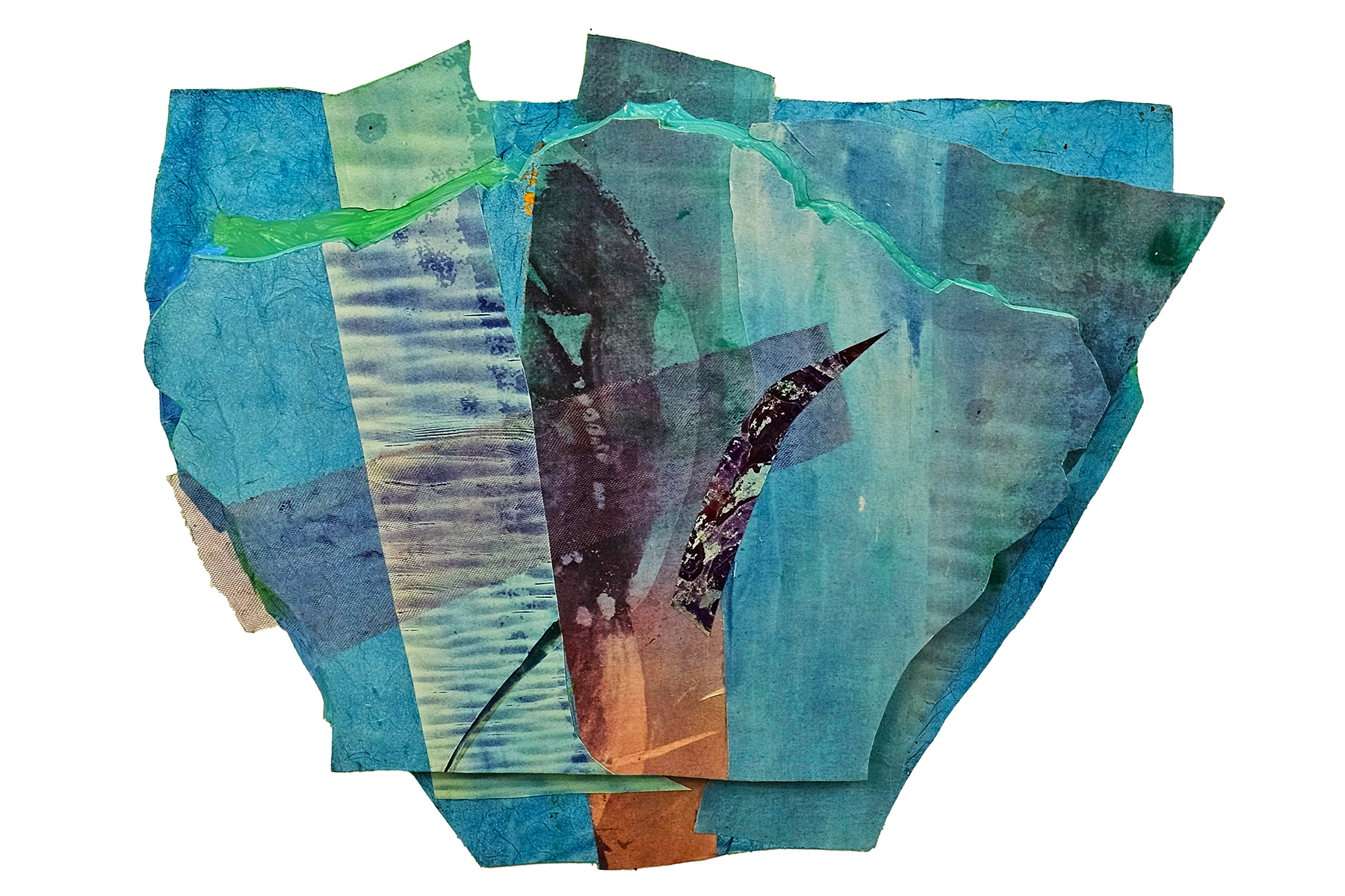 Blue Bird, mixed media with solar plate mounted on wood by Lisa Mackie